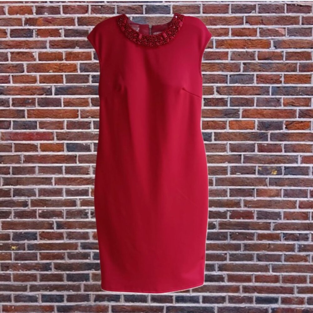 Spense Red Sleeveless Sheath Dress Womens Size 8 Petite Beaded Neckline Back Zip